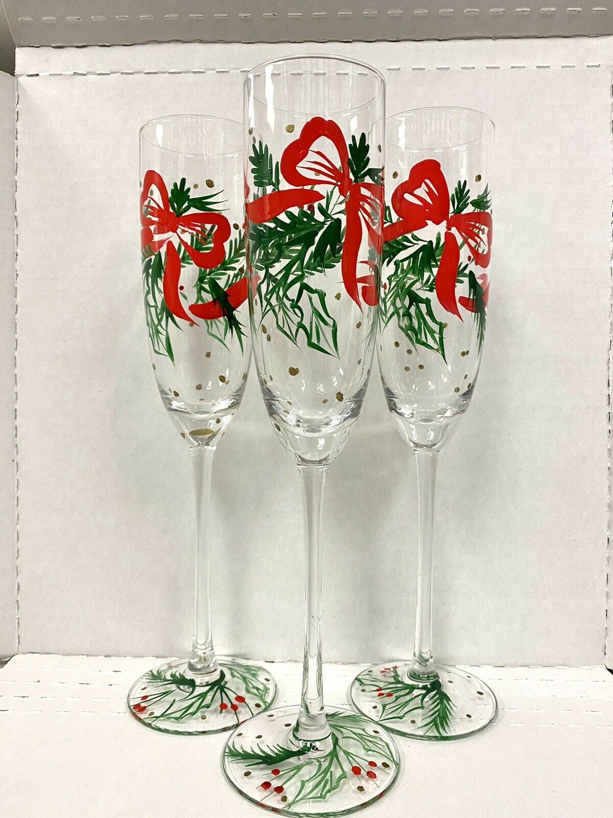 Lenox Holiday Holly Berry Bow Hand Painted Set Of 3 Christmas Champagne Flutes