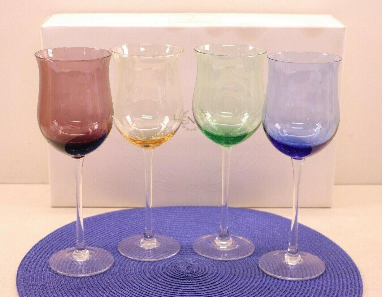 Lenox Color Gems 9" Tulip Wine Glasses Assorted Colors Set Of 4 Original Box