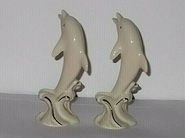 2 Matching Lenox Porcelain Dolphin Figurines Jumping In Waves Retired Gold Trim